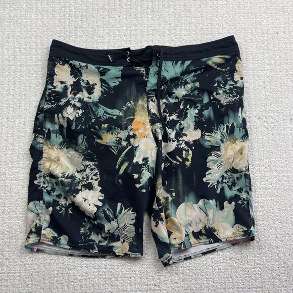 Y2K Oneill Board Shorts Mens 34 Blue / Black Floral Swim Trunks Beach Surfing - Picture 1 of 13